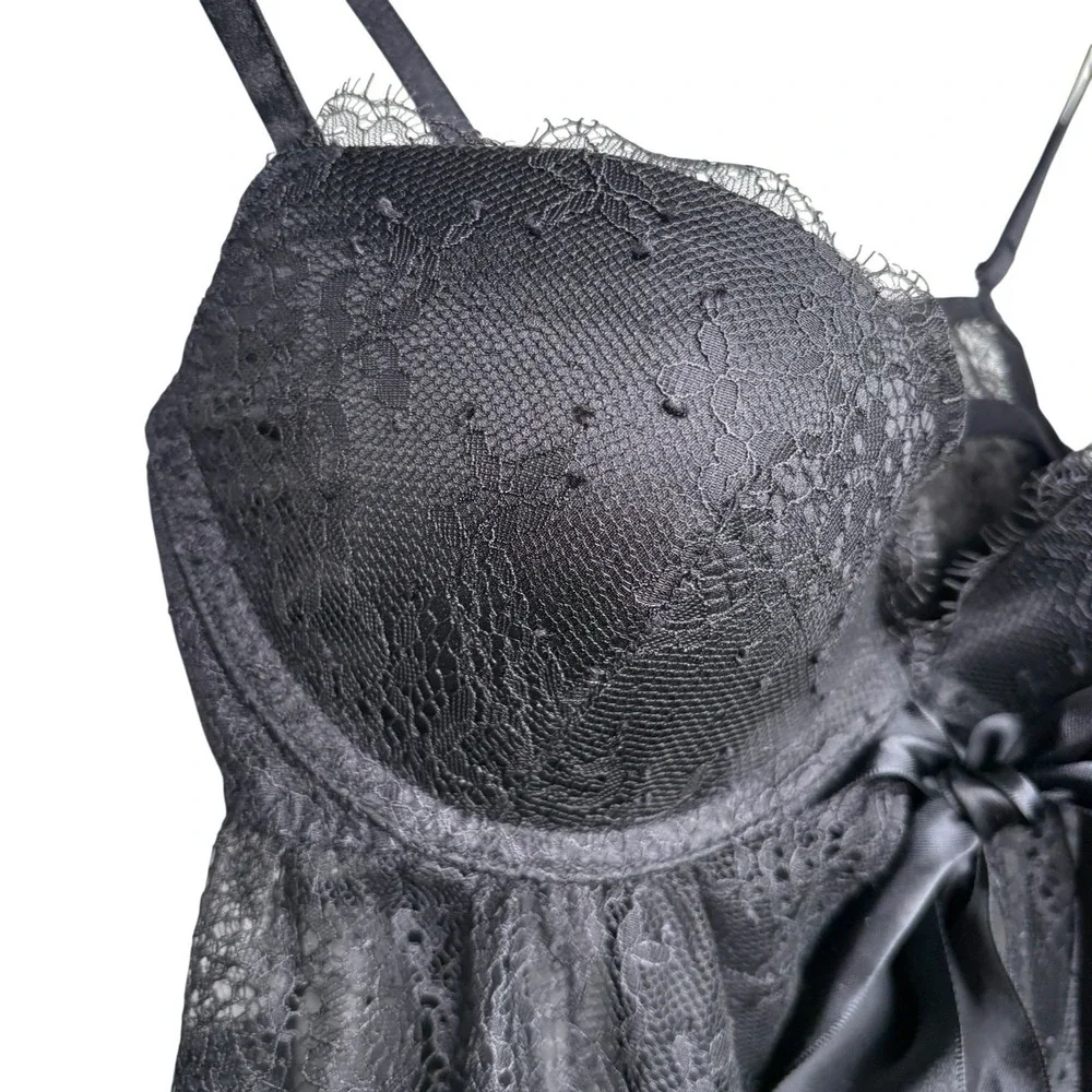 Victoria's Secret Women Babydoll Lingerie 32C Black Lace Bow Romantic Underwire